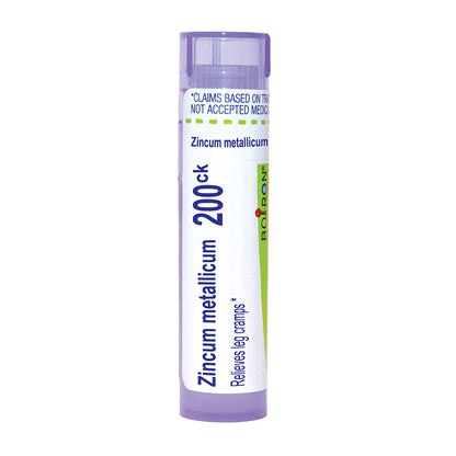A single tube of Boiron Zincum metallicum 200ck homeopathic remedy, featuring a white label with blue and green text and accents, capped in a translucent light purple plastic, on a solid white background.