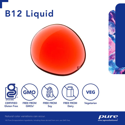 B12 liquid supplement packaging with red liquid droplet and certification logos on a white background.