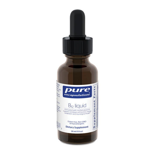 Brown glass bottle with dropper labeled 'pure encapsulations B12 Liquid' on a white background