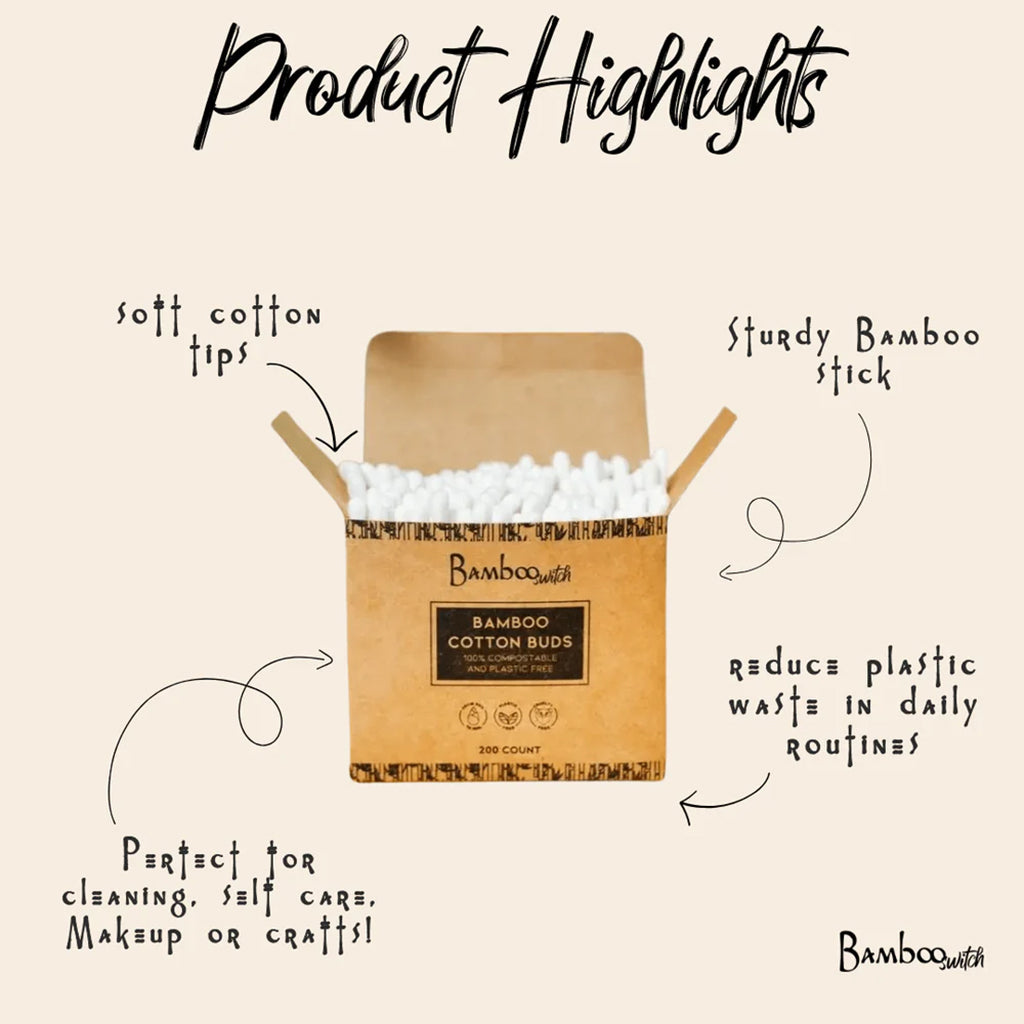 Bamboo cotton buds packaging with text highlighting features on a beige background