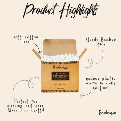 Bamboo cotton buds packaging with text highlighting features on a beige background
