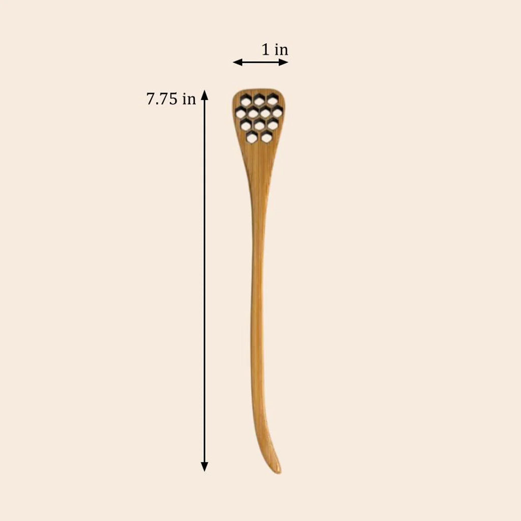 Bamboo honey dipper with measurement details on a beige background