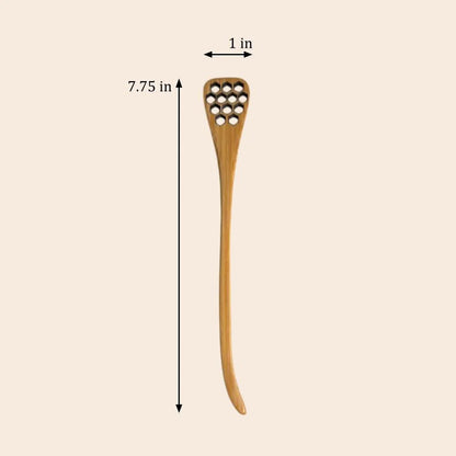 Bamboo honey dipper with measurement details on a beige background