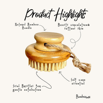Wooden brush with natural bamboo handle and sisal bristles, labeled with product highlights on a white background.