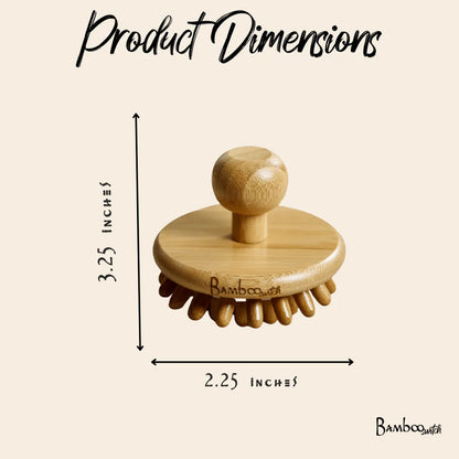 Bamboo stimulating scalp massager with dimensions labeled on a beige background