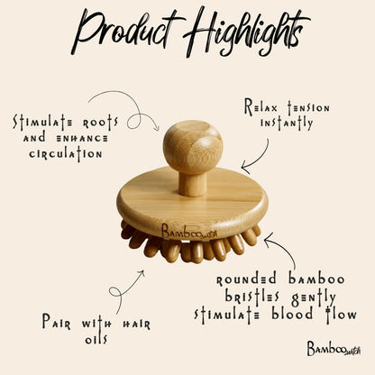 Bamboo stimulating scalp massager with text highlighting its features on a beige background