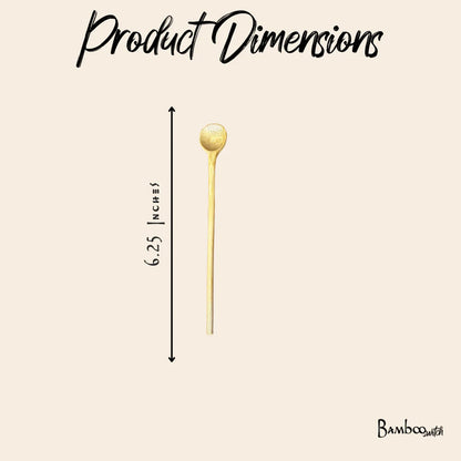 Dimensions showing a bamboo spoon stirrer on a beige background.