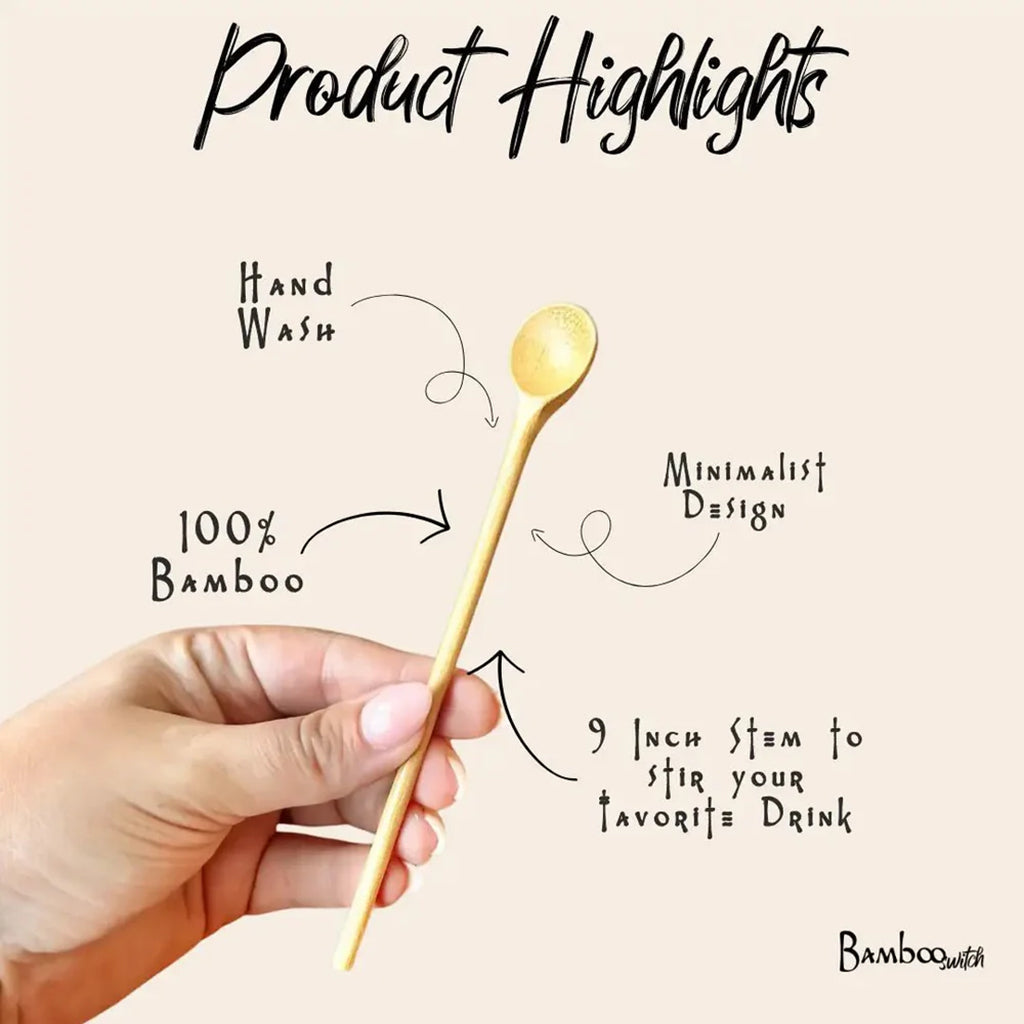 Bamboo spoon held by a hand with product highlights text on a beige background