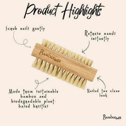 Bamboo switch nail brush with product highlights on a beige background