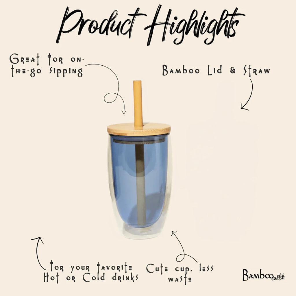 Blue glass tumbler with bamboo lid and straw on a beige background, featuring text about its features.