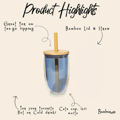 Blue glass tumbler with bamboo lid and straw on a beige background, featuring text about its features.
