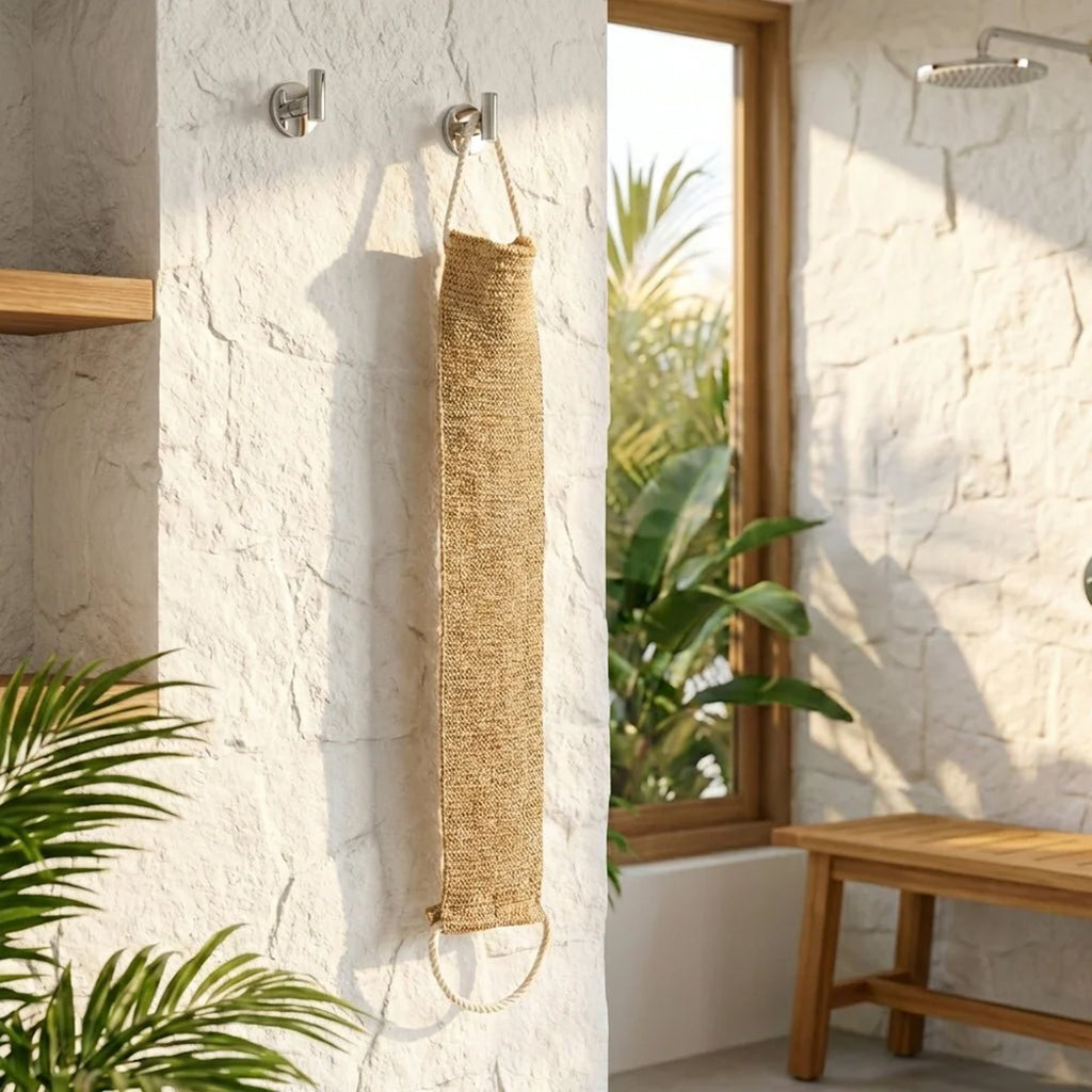 Sisal Back Strap hanging on a wall in a bright bathroom with plants and a bench.