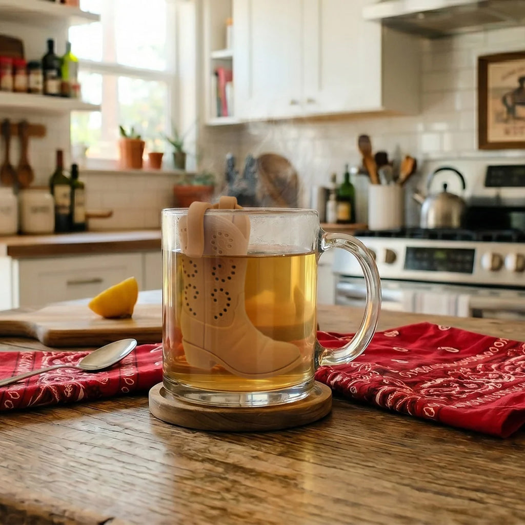 A clear glass mug filled with tea sits on a wooden table in a bright kitchen. A beige cowboy boot-shaped tea infuser hangs in the mug, with steam rising.