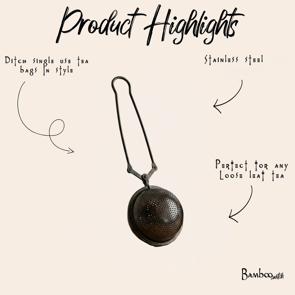A stainless steel black tea infuser, shown against a light beige background with handwritten text highlighting product features.