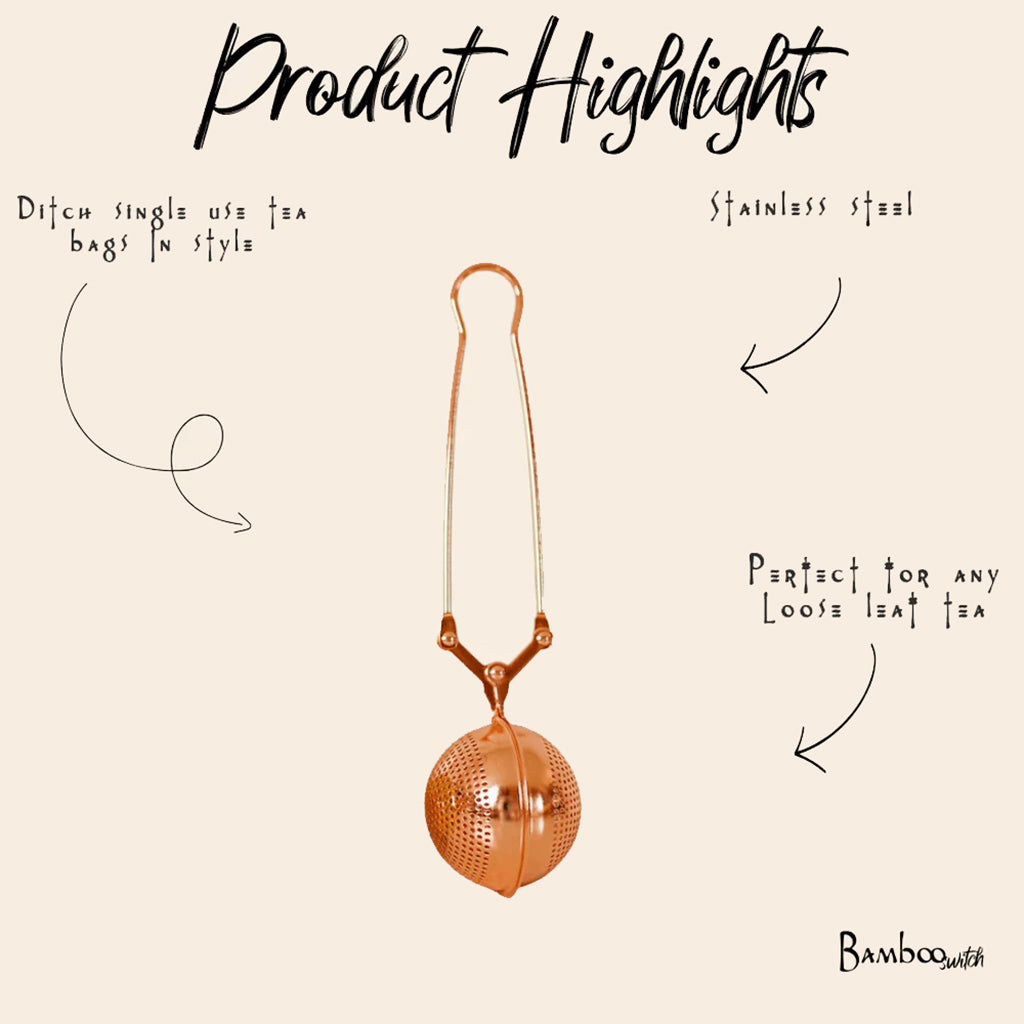 Stainless steel tea ball with text highlighting features on a beige background