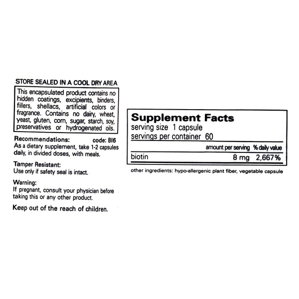 Pure Encapsulations Biotin 8mg Supplement Facts