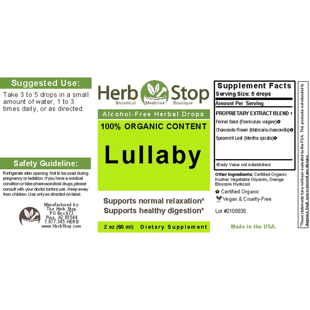 Organic Lullaby Alcohol-Free Herbal Drops Label