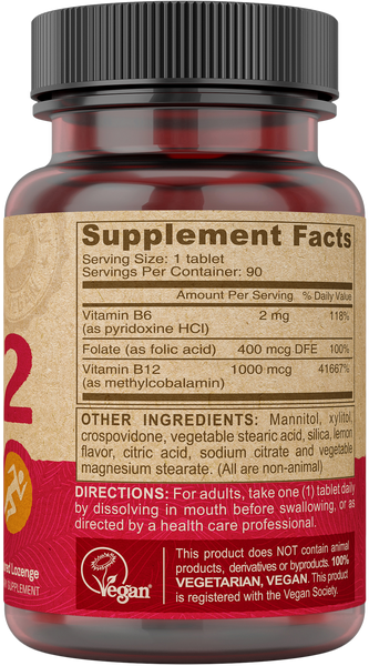 Deva Nutrition Vitamin B-12 with Folic Acid & B6 Supplement Facts